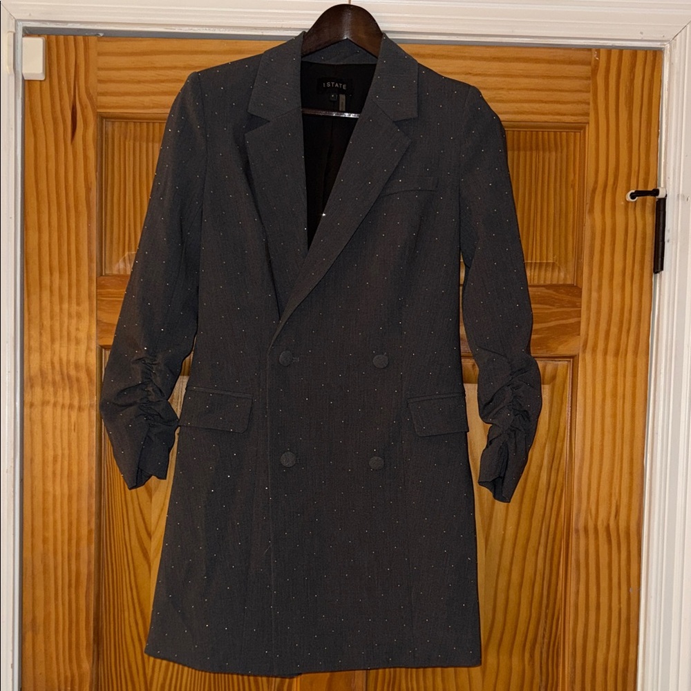 1. State Double-Breasted Charcoal Pinstripe Trench Coat with rhinestones